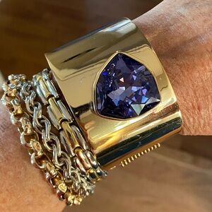 Statement Gold-Tone Wide Cuff Bracelet w/ Faux Tanzanite Crystal – Hinged